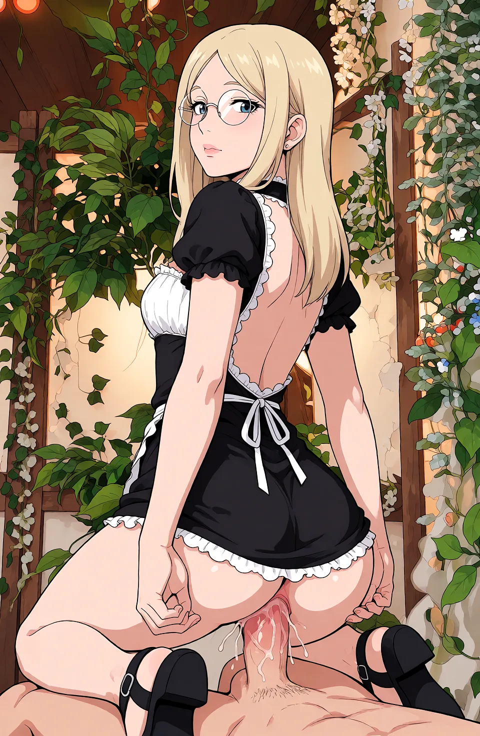 Redraw the entire picture as a hand-drawn anime illustration in flat cel-shaded anime style. It stays the same person with the same face, the same expression, the same hair and the same skin tone, and every other detail of the photograph is kept exactly as it is: nothing is added, removed, moved, uncovered or recoloured. Only the medium changes, and no part of the picture is left photographic. Above all, the picture must show: sandals fellatio.