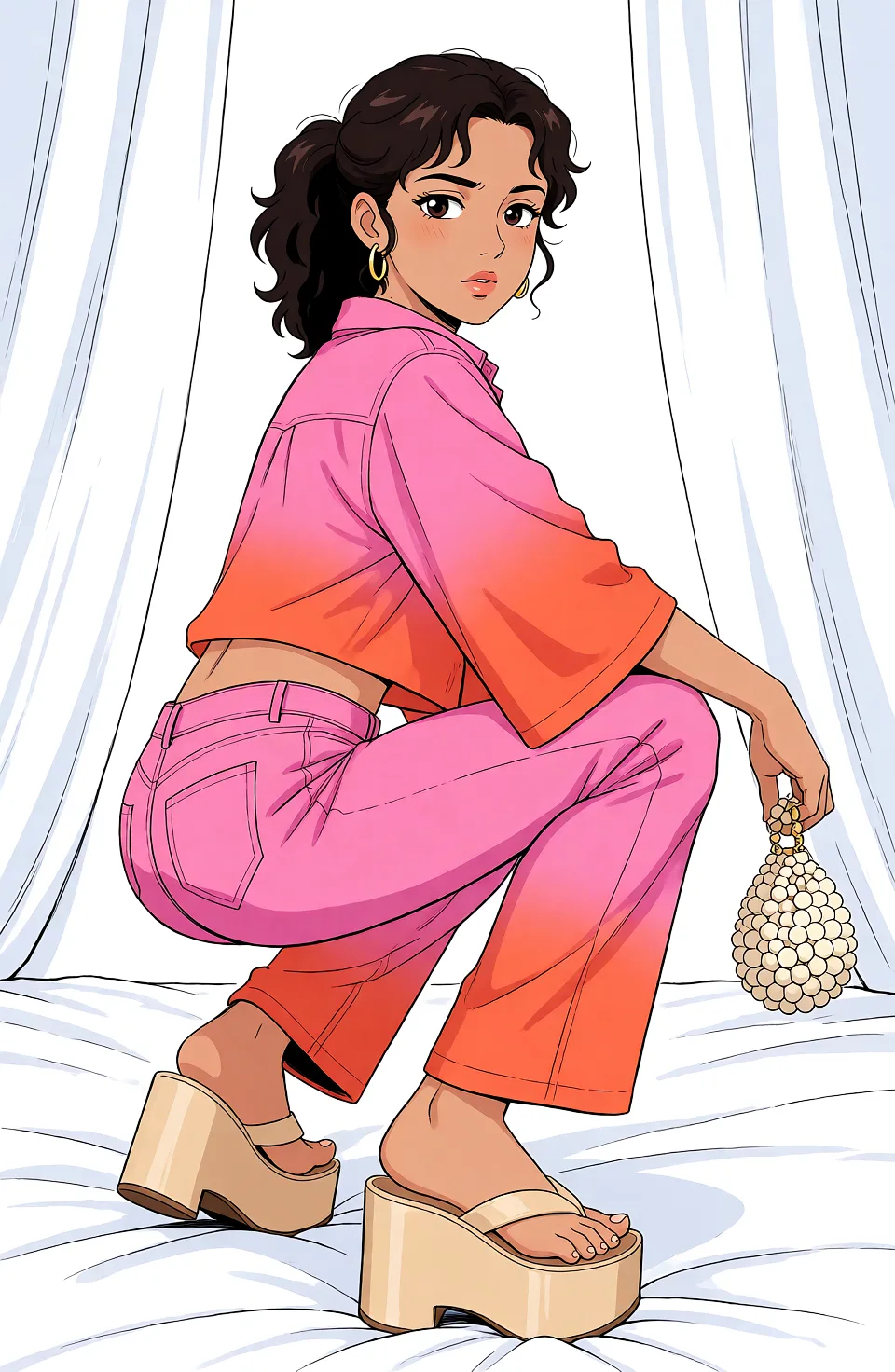 Redraw the entire picture as a hand-drawn anime illustration in flat cel-shaded anime style. It stays the same person with the same face, the same expression, the same hair and the same skin tone, and every other detail of the photograph is kept exactly as it is: nothing is added, removed, moved, uncovered or recoloured. Only the medium changes, and no part of the picture is left photographic. Above all, the picture must show: cowgirl_position sex.