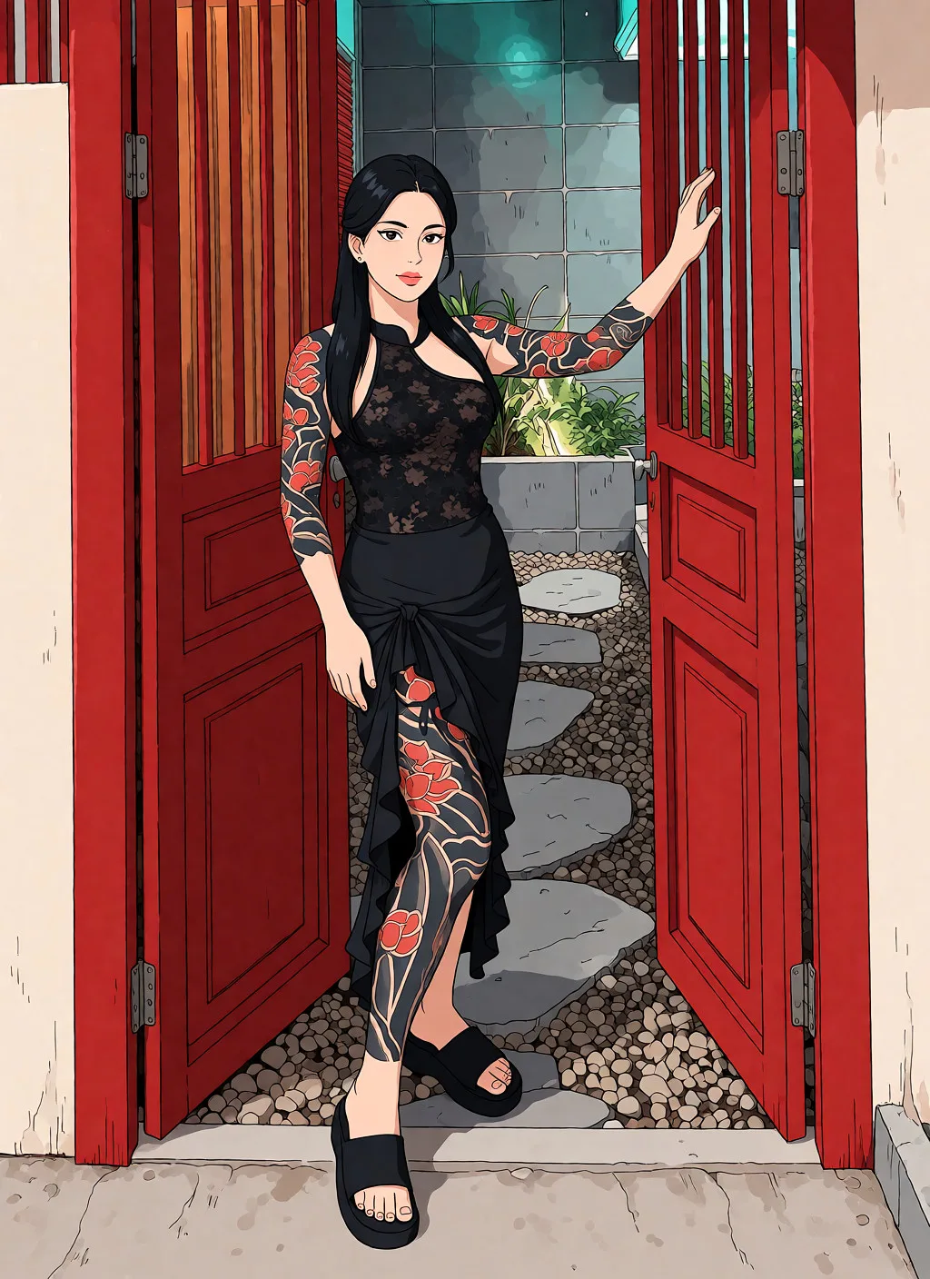 Redraw the entire picture as a hand-drawn anime illustration in flat cel-shaded anime style. It stays the same person with the same face, the same expression, the same hair and the same skin tone, and every other detail of the photograph is kept exactly as it is: nothing is added, removed, moved, uncovered or recoloured. Only the medium changes, and no part of the picture is left photographic. Above all, the picture must show: cowgirl_position.