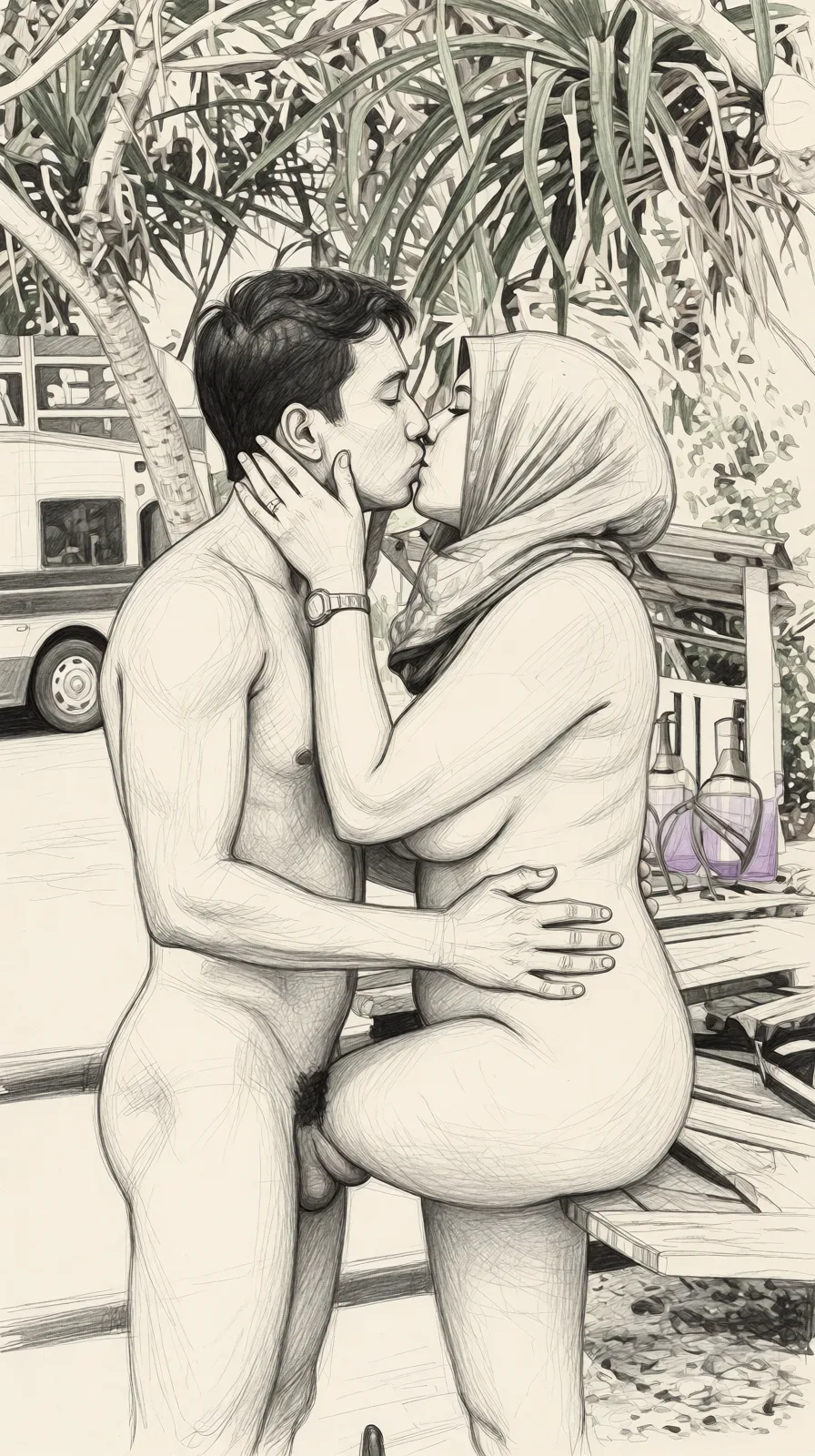 Redraw the entire picture as a hand-drawn graphite sketch on off-white paper: visible pencil strokes, cross-hatched shading, loose construction lines and no colour beyond the grey of the pencil and the tone of the paper. The background is drawn in the same style. Nothing in the frame keeps its photographic appearance. Above all, the picture must show: doggystyle.