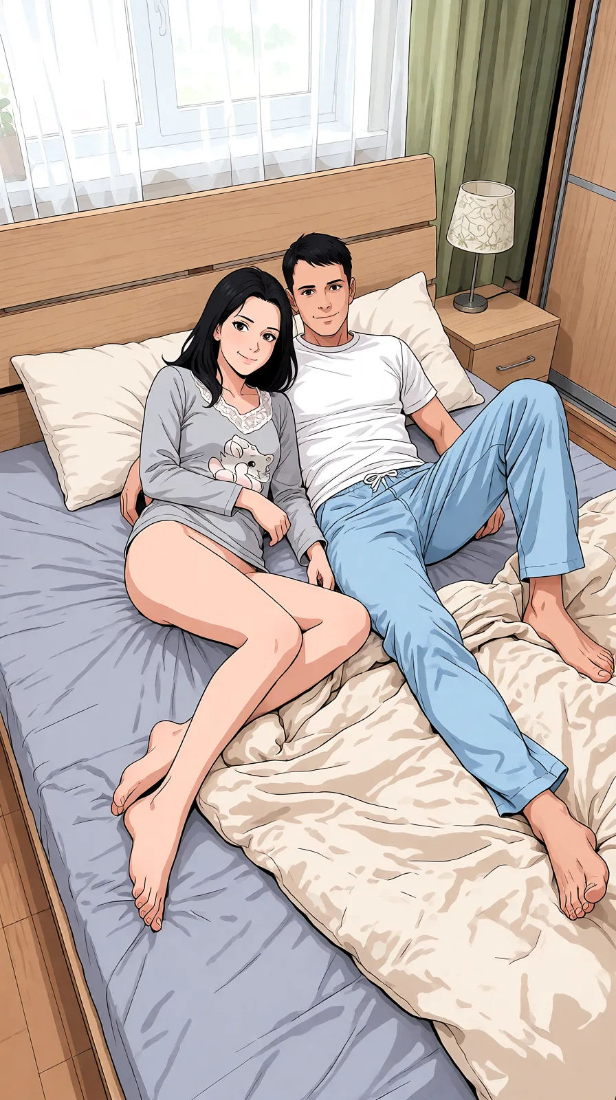 Redraw the entire picture as a hand-drawn anime illustration in flat cel-shaded anime style. It stays the same person with the same face, the same expression, the same hair and the same skin tone, and every other detail of the photograph is kept exactly as it is: nothing is added, removed, moved, uncovered or recoloured. Only the medium changes, and no part of the picture is left photographic. Above all, the picture must show: голые без одежды.