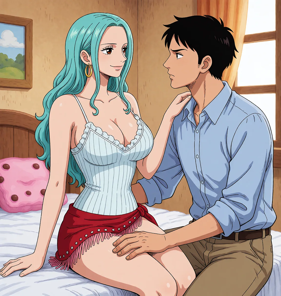 Edit the supplied photograph. Change only what is asked for below. Return one clean, natural, high-resolution photograph with realistic skin texture and no distortion. Replace her outfit with a fitted two-piece swimsuit that suits her. Seat her turned towards a partner whose hand rests on her upper thigh over what she is wearing; the partner wears an ordinary shirt and trousers. Keep her face, her identity, her hair and her skin tone exactly as they are, and keep the room and the light she is in.