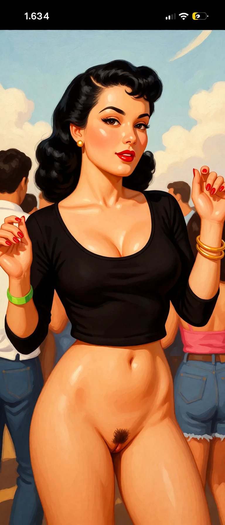 Redraw the entire picture as a retro pin-up illustration: smooth airbrushed gouache paint, warm saturated mid-century colour, clean confident outlines and glamorous stylised features, in the look of a 1950s pin-up poster. The background is painted in the same style. Nothing in the frame keeps its photographic appearance. Above all, the picture must show: completely_nude.