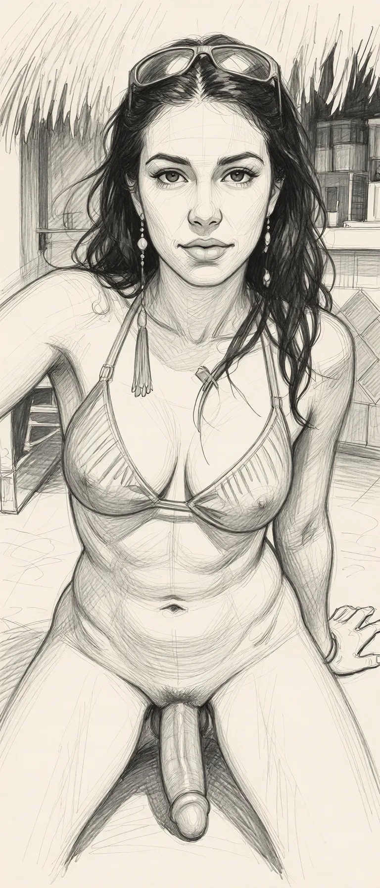Redraw the entire picture as a hand-drawn graphite sketch on off-white paper: visible pencil strokes, cross-hatched shading, loose construction lines and no colour beyond the grey of the pencil and the tone of the paper. The background is drawn in the same style. Nothing in the frame keeps its photographic appearance. Above all, the picture must show: naked sucking penis.