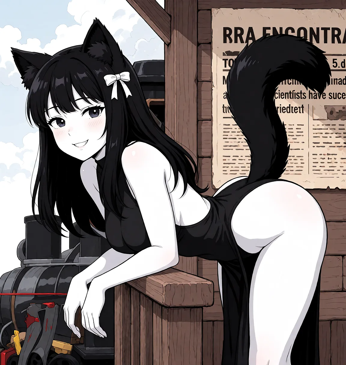 Redraw the entire picture as a hand-drawn anime illustration in flat cel-shaded anime style. It stays the same person with the same face, the same expression, the same hair and the same skin tone, and every other detail of the photograph is kept exactly as it is: nothing is added, removed, moved, uncovered or recoloured. Only the medium changes, and no part of the picture is left photographic. Above all, the picture must show: Anime style, pale white-skinned catgirl with long black hair, black cat ears and a very fluffy black cat tail. She is leaning over a wooden railing, her abdomen resting on it so her hips are raised high and her rounded butt is fully exposed on one side while her upper body hangs down on the other side. Her arms dangle loosely. She wears a tight black dress with large side cutouts, open midriff and revealing openings that barely cover anything. Soft lighting, detailed anime anatomy, suggestive pose, highly detailed, clean lines.