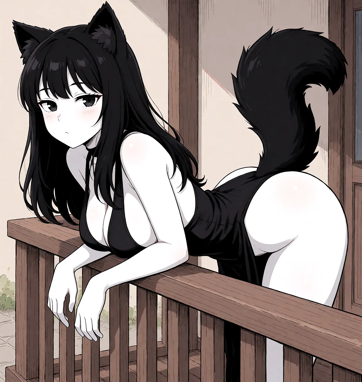 Redraw the entire picture as a hand-drawn anime illustration in flat cel-shaded anime style. It stays the same person with the same face, the same expression, the same hair and the same skin tone, and every other detail of the photograph is kept exactly as it is: nothing is added, removed, moved, uncovered or recoloured. Only the medium changes, and no part of the picture is left photographic. Above all, the picture must show: Anime style, pale white-skinned catgirl with long black hair, black cat ears and a very fluffy black cat tail. She is leaning over a wooden railing, her abdomen resting on it so her hips are raised high and her rounded butt is fully exposed on one side while her upper body hangs down on the other side. Her arms dangle loosely. She wears a tight black dress with large side cutouts, open midriff and revealing openings that barely cover anything. Soft lighting, detailed anime anatomy, suggestive pose, highly detailed, clean lines.
