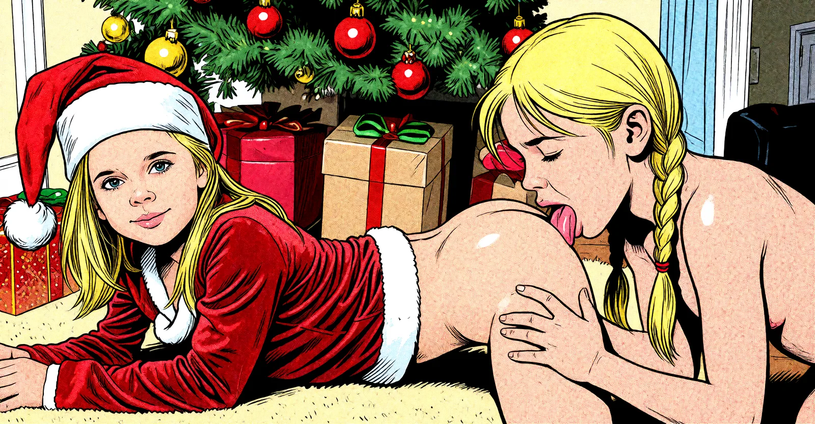 Redraw the entire picture as western comic-book art: heavy black inked outlines, hard-edged cel shading, limited high-contrast colour and visible halftone dot texture. The background is drawn in the same style. Nothing in the frame keeps its photographic appearance. Above all, the picture must show: licking anus from_behind.