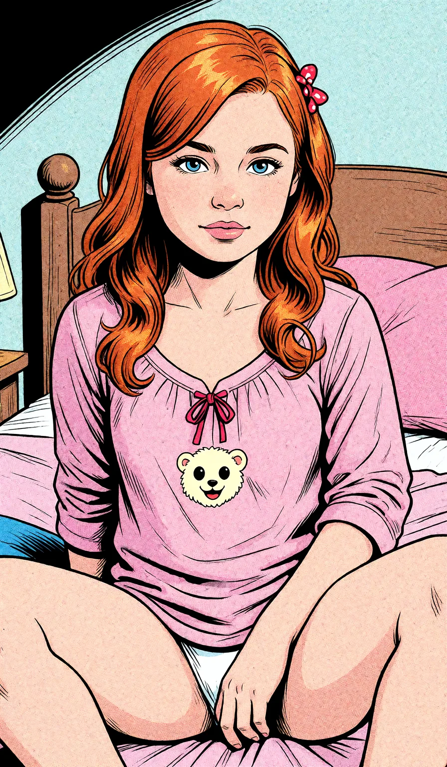 Redraw the entire picture as western comic-book art: heavy black inked outlines, hard-edged cel shading, limited high-contrast colour and visible halftone dot texture. The background is drawn in the same style. Nothing in the frame keeps its photographic appearance. Above all, the picture must show: no_panties.