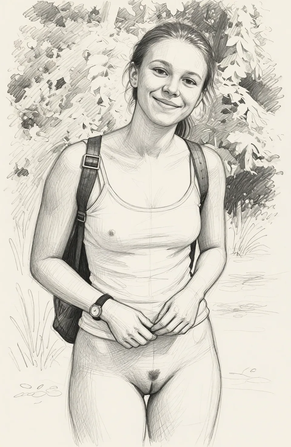 Redraw the entire picture as a hand-drawn graphite sketch on off-white paper: visible pencil strokes, cross-hatched shading, loose construction lines and no colour beyond the grey of the pencil and the tone of the paper. The background is drawn in the same style. Nothing in the frame keeps its photographic appearance. Above all, the picture must show: completely_nude.