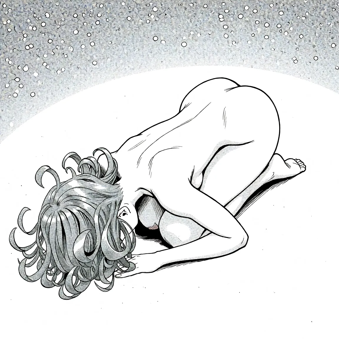 Redraw the entire picture as a black and white manga page: crisp black ink line art, no colour anywhere, flat halftone screentone shading, hatched shadows and clean white highlights, in the look of a printed manga panel. The background is drawn in the same style. Nothing in the frame keeps its photographic appearance. Above all, the picture must show: Remove ALL the clothing from the character in the. Maintain the body proportions. MAINTAIN THE ARTISTIC STYLE, THIS IS THE MOST IMPORTANT THING.