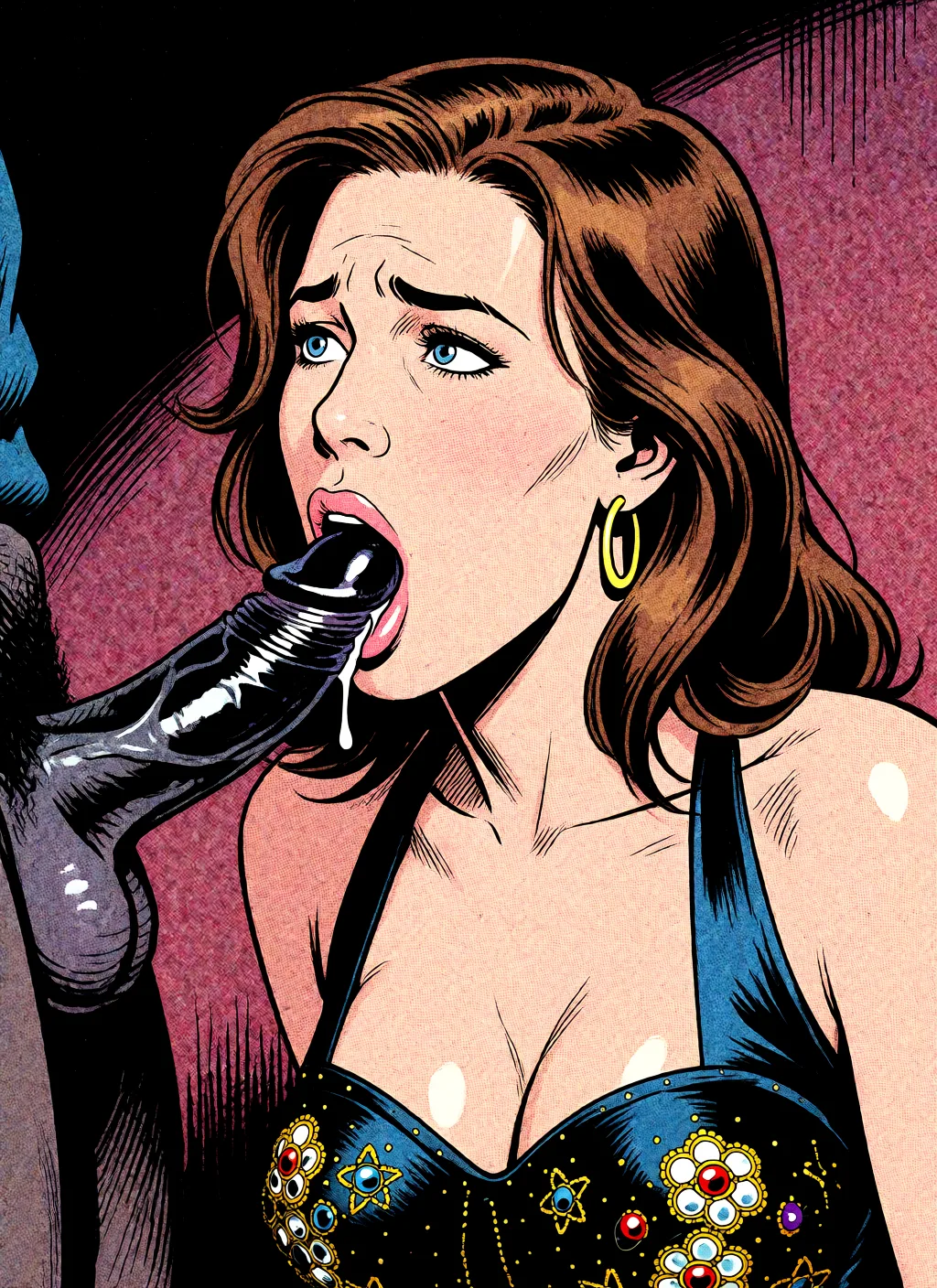 Redraw the entire picture as western comic-book art: heavy black inked outlines, hard-edged cel shading, limited high-contrast colour and visible halftone dot texture. The background is drawn in the same style. Nothing in the frame keeps its photographic appearance. Above all, the picture must show: The beautiful brunette sucks the thick black cock with a nervous expression in her eyes. Moody dramatic lighting.
