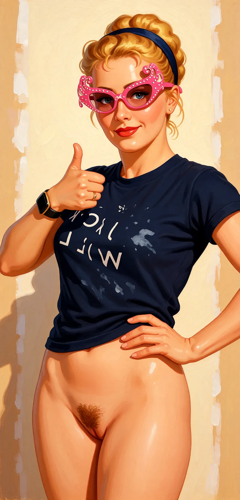 Redraw the entire picture as a retro pin-up illustration: smooth airbrushed gouache paint, warm saturated mid-century colour, clean confident outlines and glamorous stylised features, in the look of a 1950s pin-up poster. The background is painted in the same style. Nothing in the frame keeps its photographic appearance. Above all, the picture must show: Naked with shaved pussy.