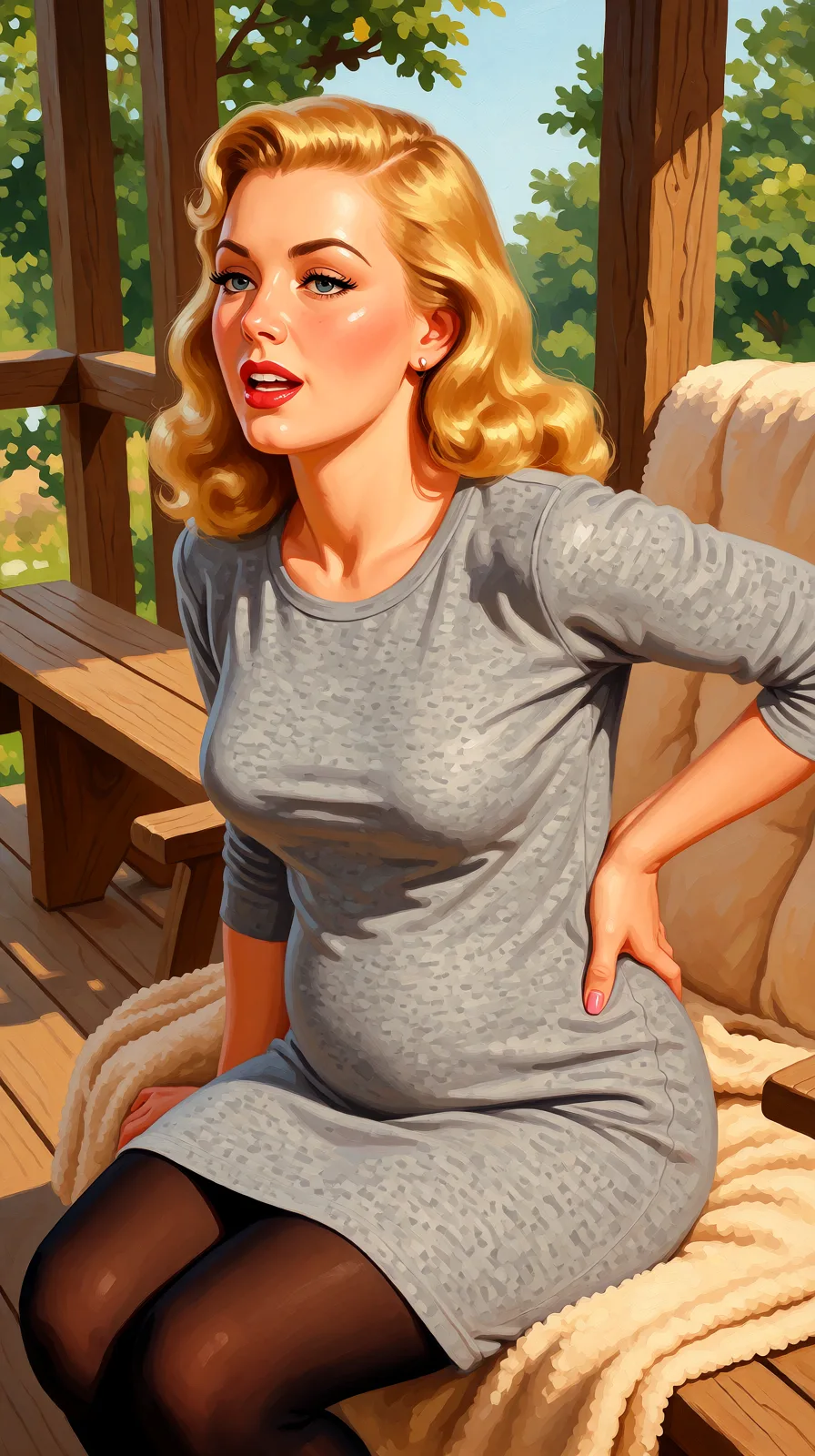 Redraw the entire picture as a retro pin-up illustration: smooth airbrushed gouache paint, warm saturated mid-century colour, clean confident outlines and glamorous stylised features, in the look of a 1950s pin-up poster. The background is painted in the same style. Nothing in the frame keeps its photographic appearance. Above all, the picture must show: gangbang.