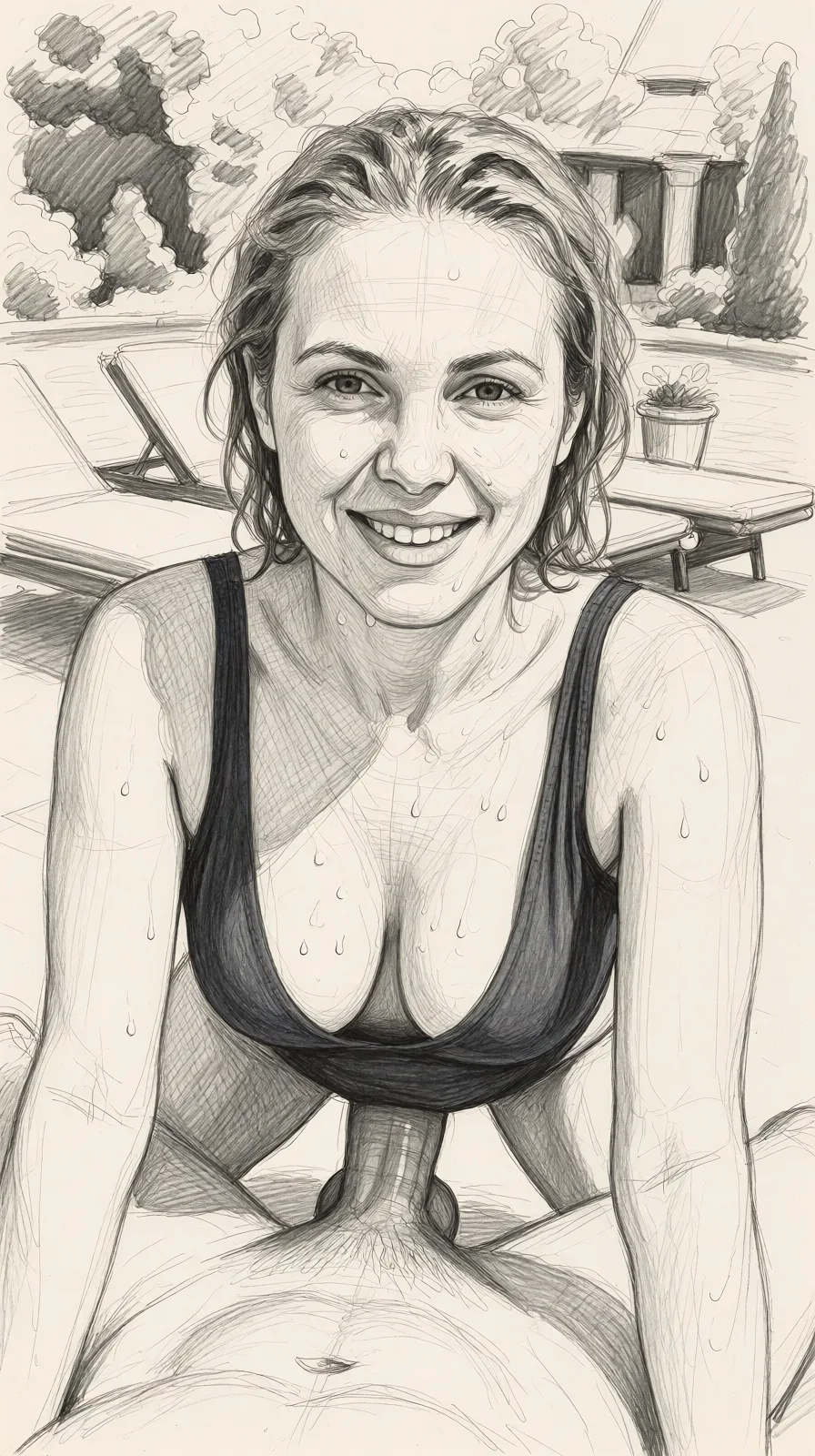 Redraw the entire picture as a hand-drawn graphite sketch on off-white paper: visible pencil strokes, cross-hatched shading, loose construction lines and no colour beyond the grey of the pencil and the tone of the paper. The background is drawn in the same style. Nothing in the frame keeps its photographic appearance. Above all, the picture must show: Full nude doggystyle fucked.