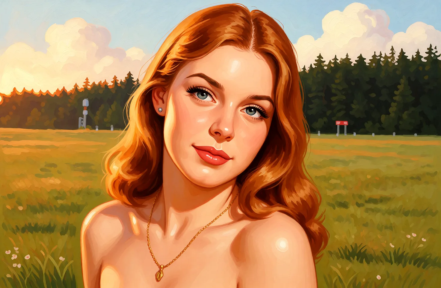Redraw the entire picture as a retro pin-up illustration: smooth airbrushed gouache paint, warm saturated mid-century colour, clean confident outlines and glamorous stylised features, in the look of a 1950s pin-up poster. The background is painted in the same style. Nothing in the frame keeps its photographic appearance. Above all, the picture must show: Чтобы она дросила член и он ей кончил на лицо.