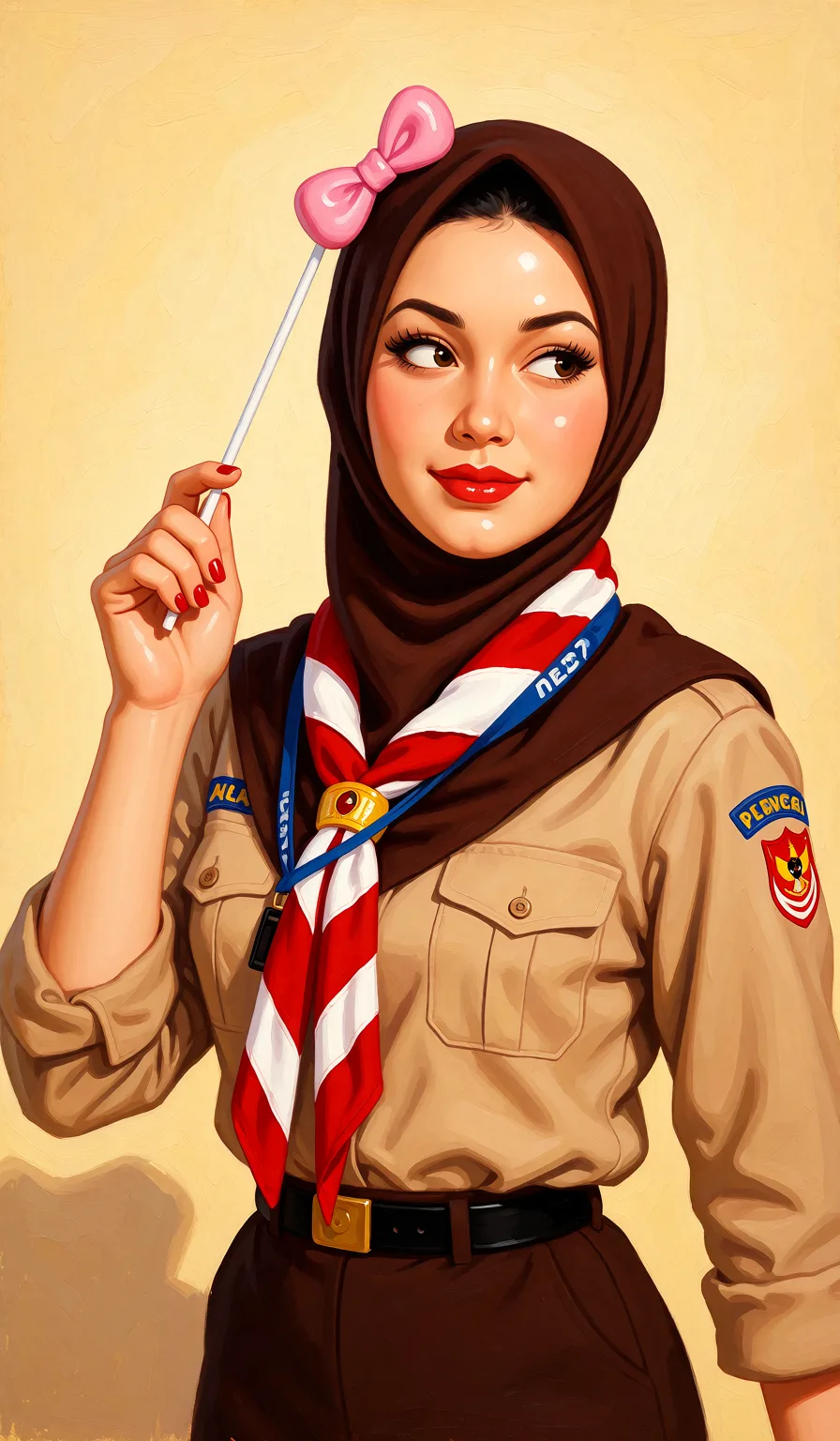 Redraw the entire picture as a retro pin-up illustration: smooth airbrushed gouache paint, warm saturated mid-century colour, clean confident outlines and glamorous stylised features, in the look of a 1950s pin-up poster. The background is painted in the same style. Nothing in the frame keeps its photographic appearance. Above all, the picture must show: make her full naked_shirt.