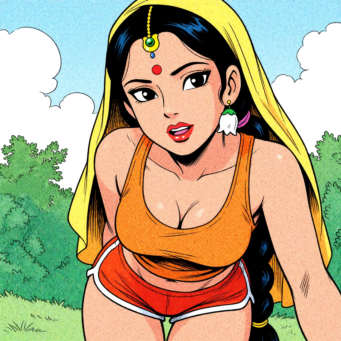 Redraw the entire picture as western comic-book art: heavy black inked outlines, hard-edged cel shading, limited high-contrast colour and visible halftone dot texture. The background is drawn in the same style. Nothing in the frame keeps its photographic appearance. Above all, the picture must show: Sita from HIndu mythology, wearing short shorts and a tank top.