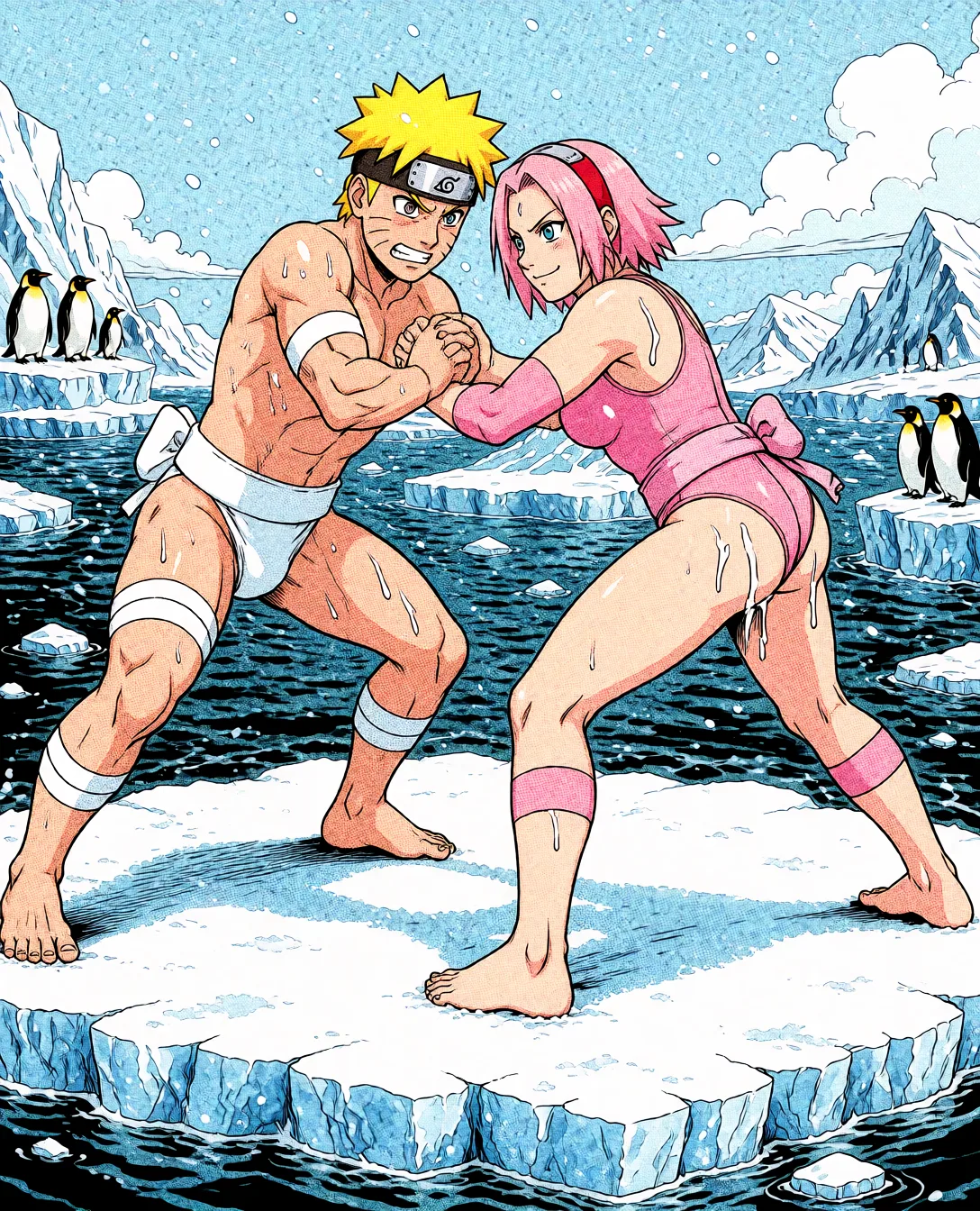 Redraw the entire picture as western comic-book art: heavy black inked outlines, hard-edged cel shading, limited high-contrast colour and visible halftone dot texture. The background is drawn in the same style. Nothing in the frame keeps its photographic appearance. Above all, the picture must show: Make those naruto have spank well her.