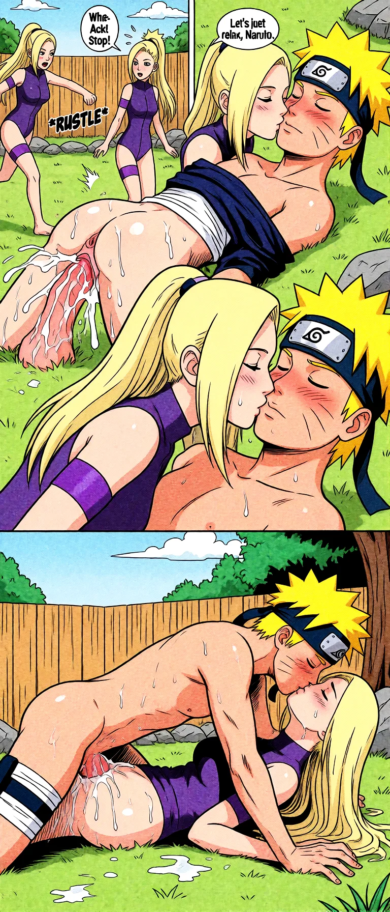Redraw the entire picture as western comic-book art: heavy black inked outlines, hard-edged cel shading, limited high-contrast colour and visible halftone dot texture. The background is drawn in the same style. Nothing in the frame keeps its photographic appearance. Above all, the picture must show: Anal sex with clothing_aside.
