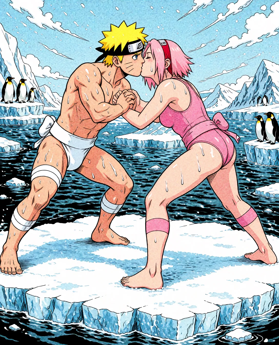 Redraw the entire picture as western comic-book art: heavy black inked outlines, hard-edged cel shading, limited high-contrast colour and visible halftone dot texture. The background is drawn in the same style. Nothing in the frame keeps its photographic appearance. Above all, the picture must show: French french_kiss after fight.