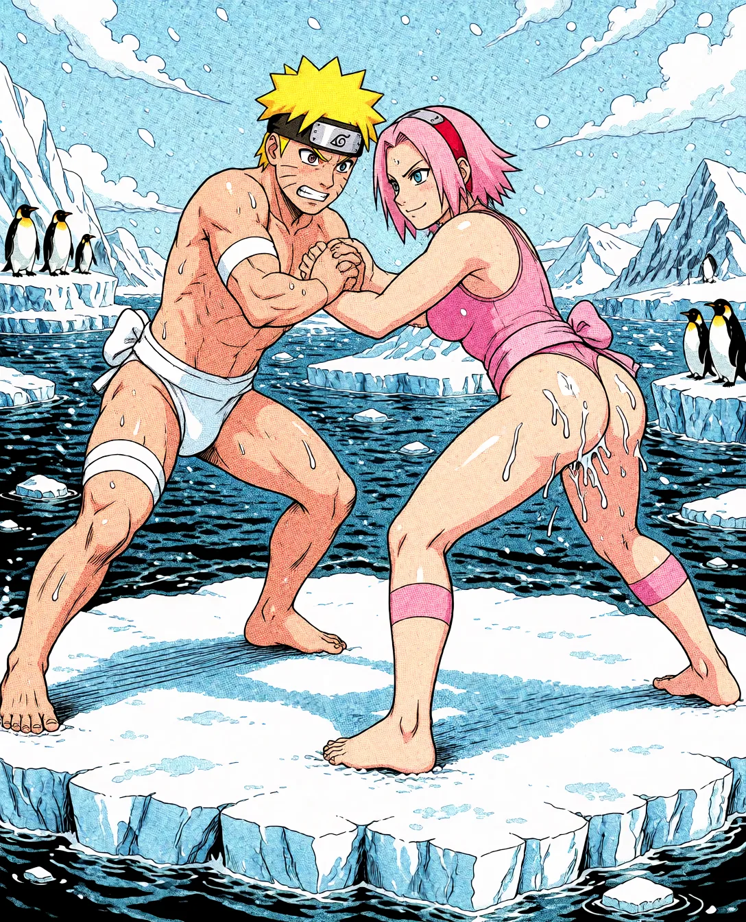 Redraw the entire picture as western comic-book art: heavy black inked outlines, hard-edged cel shading, limited high-contrast colour and visible halftone dot texture. The background is drawn in the same style. Nothing in the frame keeps its photographic appearance. Above all, the picture must show: Spank her own big ass naruto spank her hard she have enjoy.