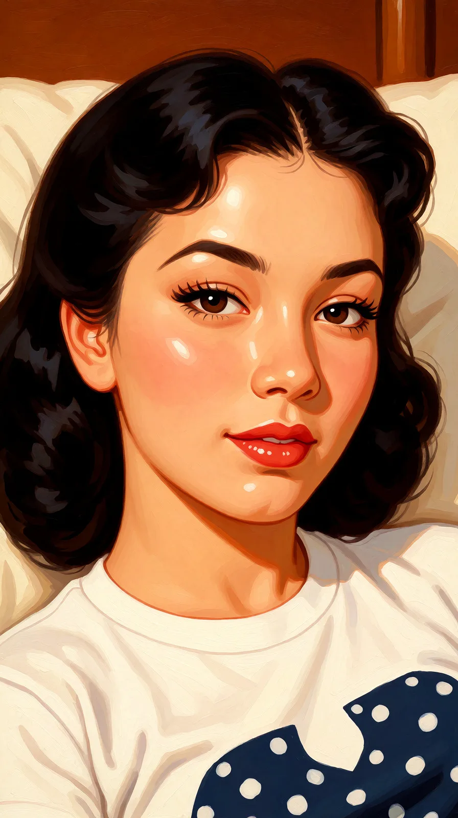 Redraw the entire picture as a retro pin-up illustration: smooth airbrushed gouache paint, warm saturated mid-century colour, clean confident outlines and glamorous stylised features, in the look of a 1950s pin-up poster. The background is painted in the same style. Nothing in the frame keeps its photographic appearance. Above all, the picture must show: Blowjob.
