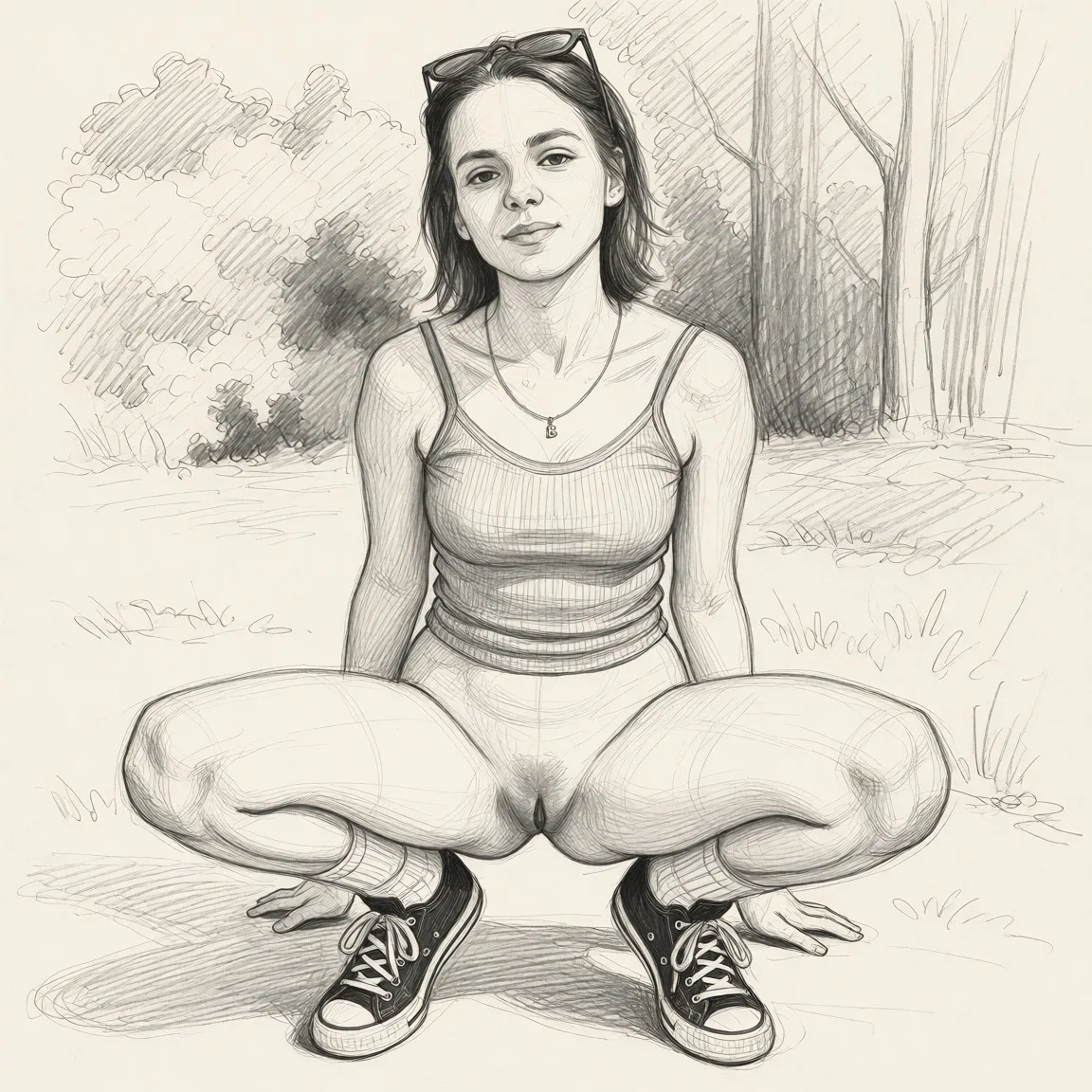 Redraw the entire picture as a hand-drawn graphite sketch on off-white paper: visible pencil strokes, cross-hatched shading, loose construction lines and no colour beyond the grey of the pencil and the tone of the paper. The background is drawn in the same style. Nothing in the frame keeps its photographic appearance. Above all, the picture must show: Squatting with her legs spread, naked, wearing sneakers and ribbed socks.