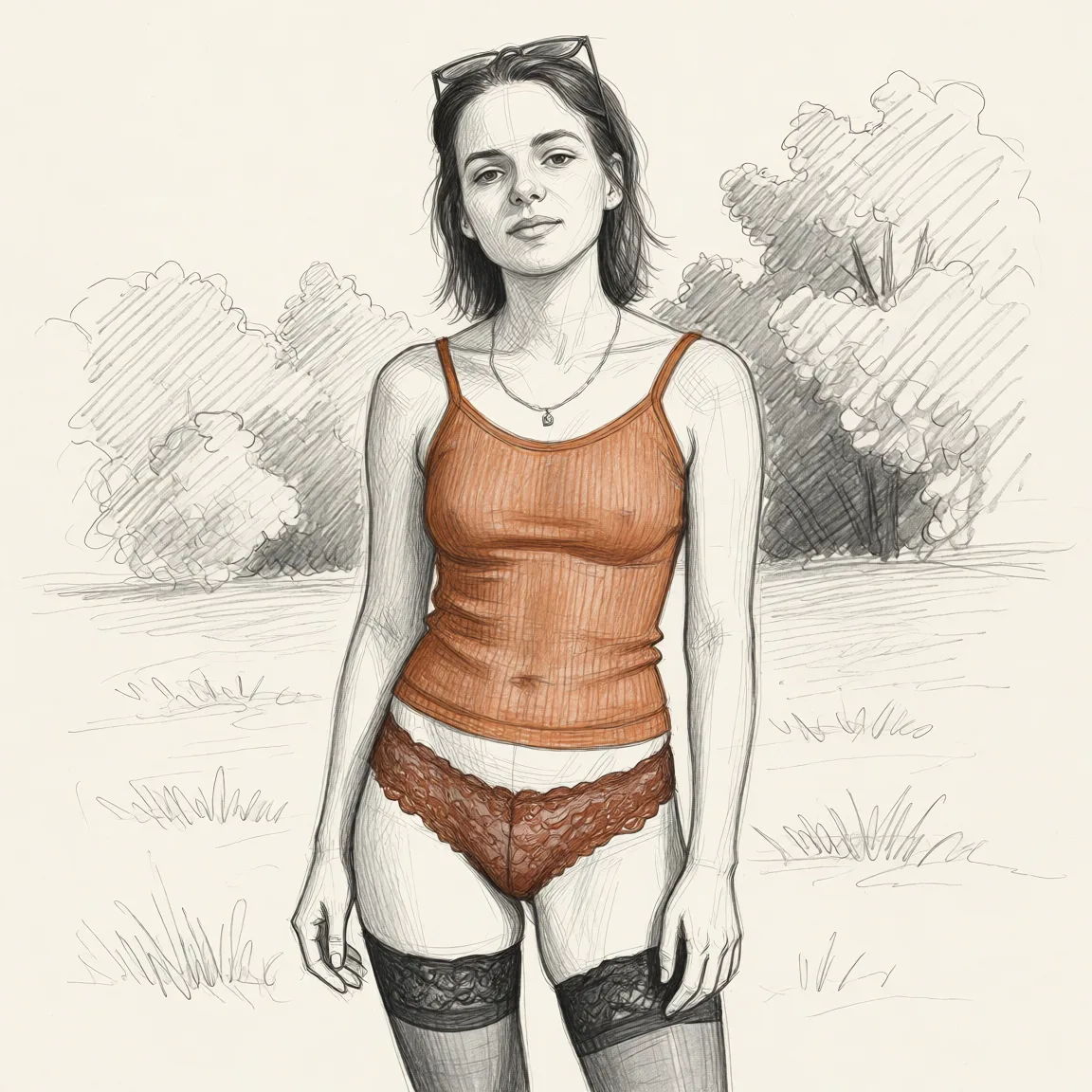 Redraw the entire picture as a hand-drawn graphite sketch on off-white paper: visible pencil strokes, cross-hatched shading, loose construction lines and no colour beyond the grey of the pencil and the tone of the paper. The background is drawn in the same style. Nothing in the frame keeps its photographic appearance. Above all, the picture must show: She stands tall, in lacy transparent lace underwear, in black stockings.