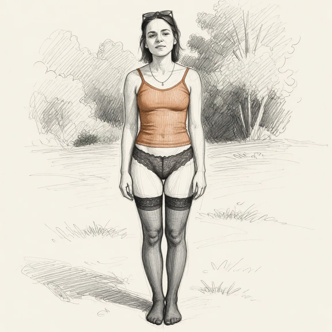 Redraw the entire picture as a hand-drawn graphite sketch on off-white paper: visible pencil strokes, cross-hatched shading, loose construction lines and no colour beyond the grey of the pencil and the tone of the paper. The background is drawn in the same style. Nothing in the frame keeps its photographic appearance. Above all, the picture must show: She stands tall, in lacy transparent lace underwear without a bra, in black stockings, her feet are visible.