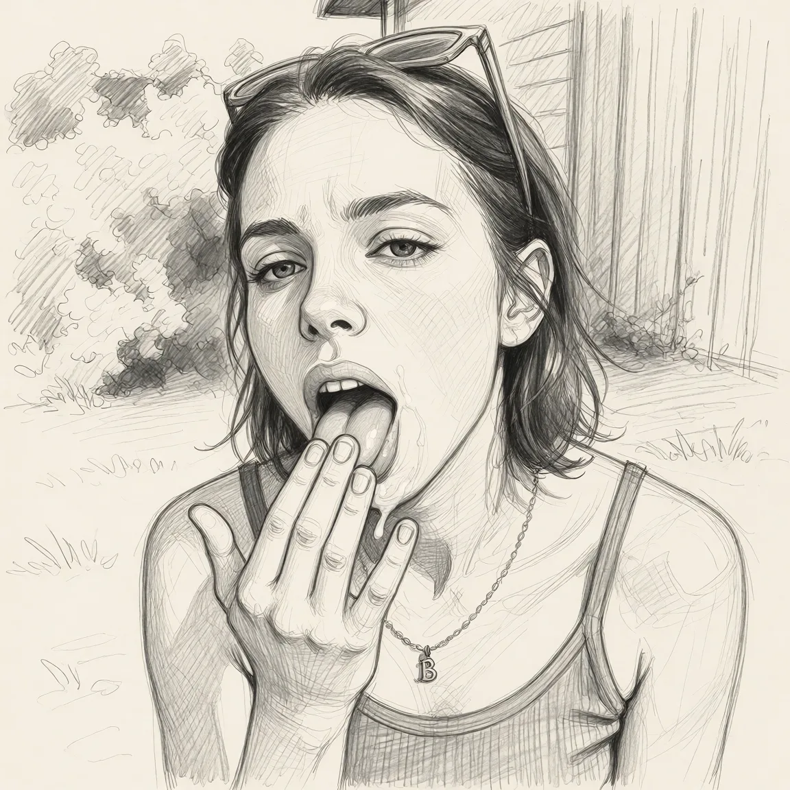 Redraw the entire picture as a hand-drawn graphite sketch on off-white paper: visible pencil strokes, cross-hatched shading, loose construction lines and no colour beyond the grey of the pencil and the tone of the paper. The background is drawn in the same style. Nothing in the frame keeps its photographic appearance. Above all, the picture must show: Close-up face licking cum off her fingers.