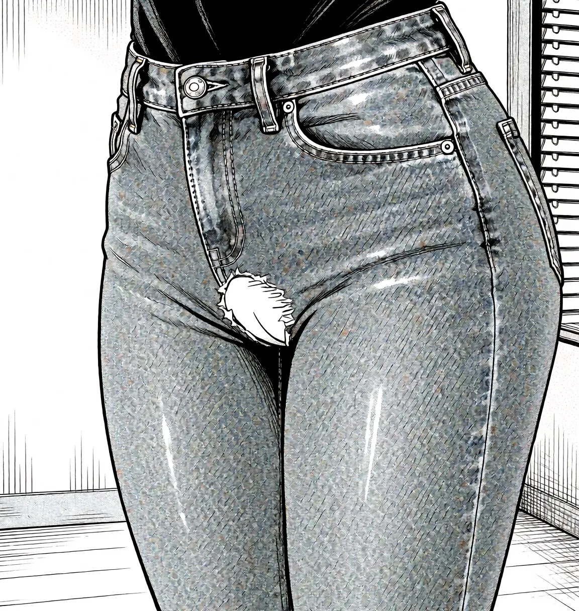 Redraw the entire picture as a black and white manga page: crisp black ink line art, no colour anywhere, flat halftone screentone shading, hatched shadows and clean white highlights, in the look of a printed manga panel. The background is drawn in the same style. Nothing in the frame keeps its photographic appearance. Above all, the picture must show: Sex through a small hole in the front of her jeans.