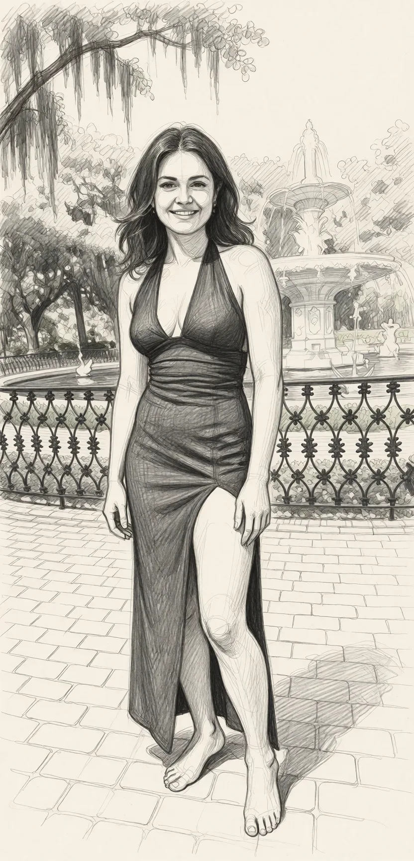 Redraw the entire picture as a hand-drawn graphite sketch on off-white paper: visible pencil strokes, cross-hatched shading, loose construction lines and no colour beyond the grey of the pencil and the tone of the paper. The background is drawn in the same style. Nothing in the frame keeps its photographic appearance. Above all, the picture must show: completely_nude.