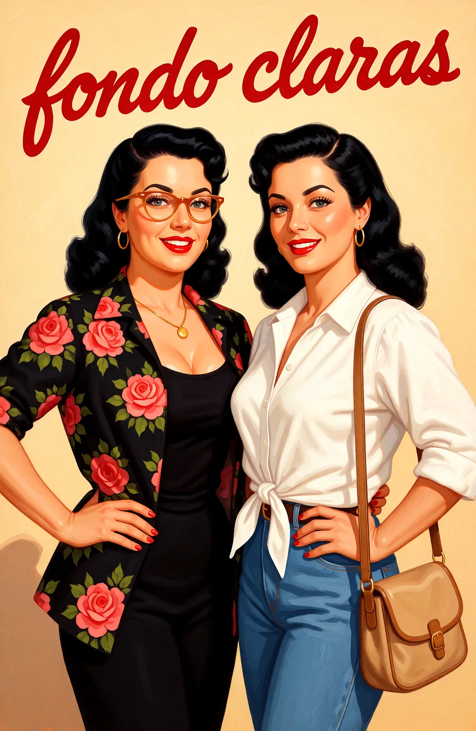 Redraw the entire picture as a retro pin-up illustration: smooth airbrushed gouache paint, warm saturated mid-century colour, clean confident outlines and glamorous stylised features, in the look of a 1950s pin-up poster. The background is painted in the same style. Nothing in the frame keeps its photographic appearance. Above all, the picture must show: fondo claro, desnudas, sexys.
