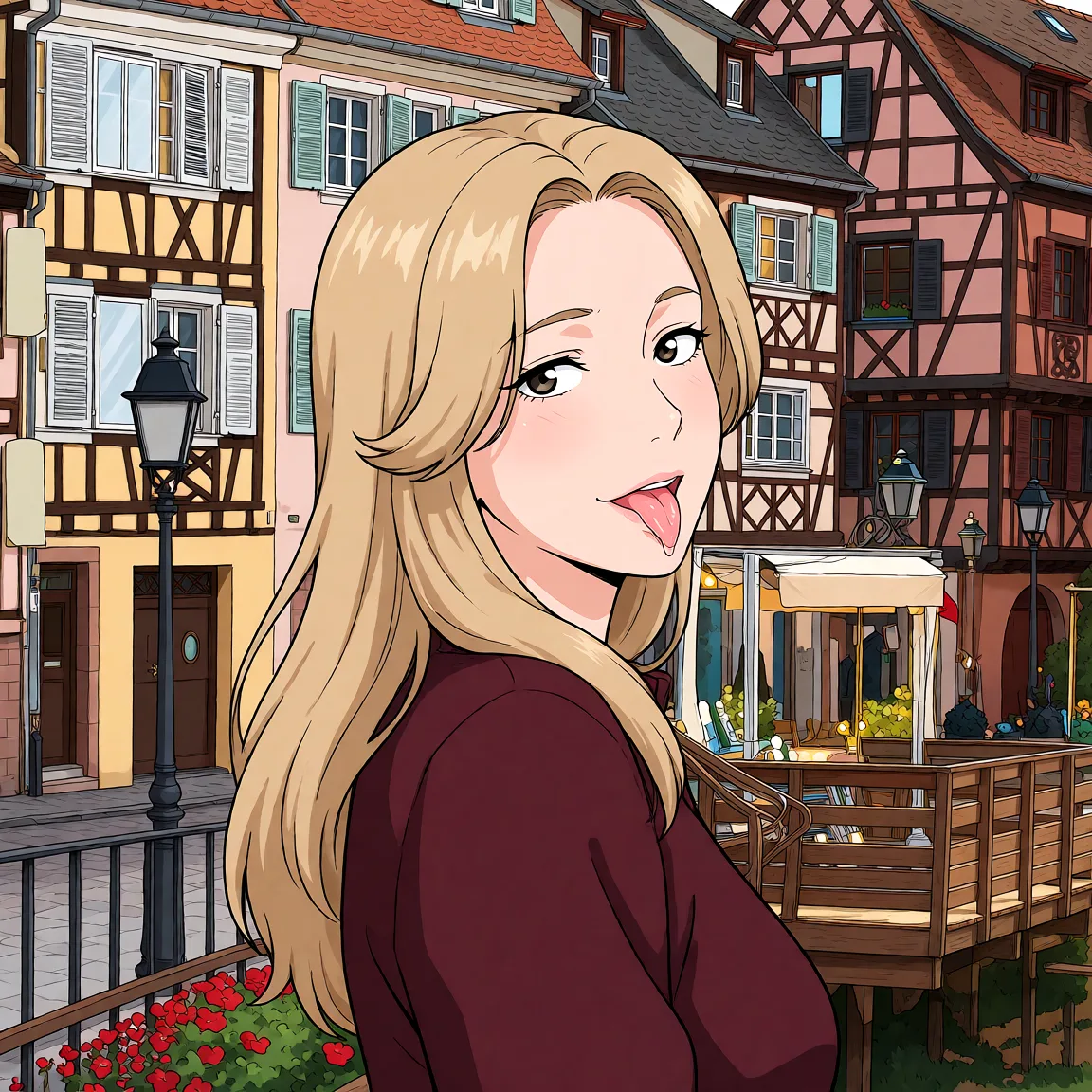 Redraw the entire picture as a hand-drawn anime illustration in flat cel-shaded anime style. It stays the same person with the same face, the same expression, the same hair and the same skin tone, and every other detail of the photograph is kept exactly as it is: nothing is added, removed, moved, uncovered or recoloured. Only the medium changes, and no part of the picture is left photographic. Above all, the picture must show: ahegao.