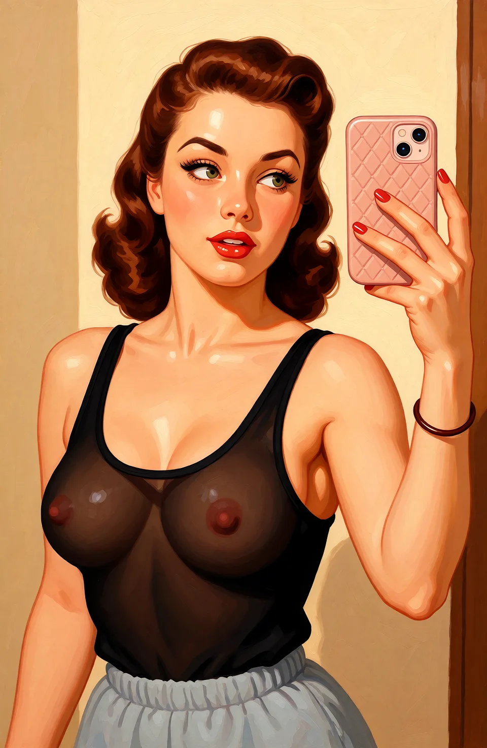 Redraw the entire picture as a retro pin-up illustration: smooth airbrushed gouache paint, warm saturated mid-century colour, clean confident outlines and glamorous stylised features, in the look of a 1950s pin-up poster. The background is painted in the same style. Nothing in the frame keeps its photographic appearance. Above all, the picture must show: Make her wear tanktoo with seethrough breast.