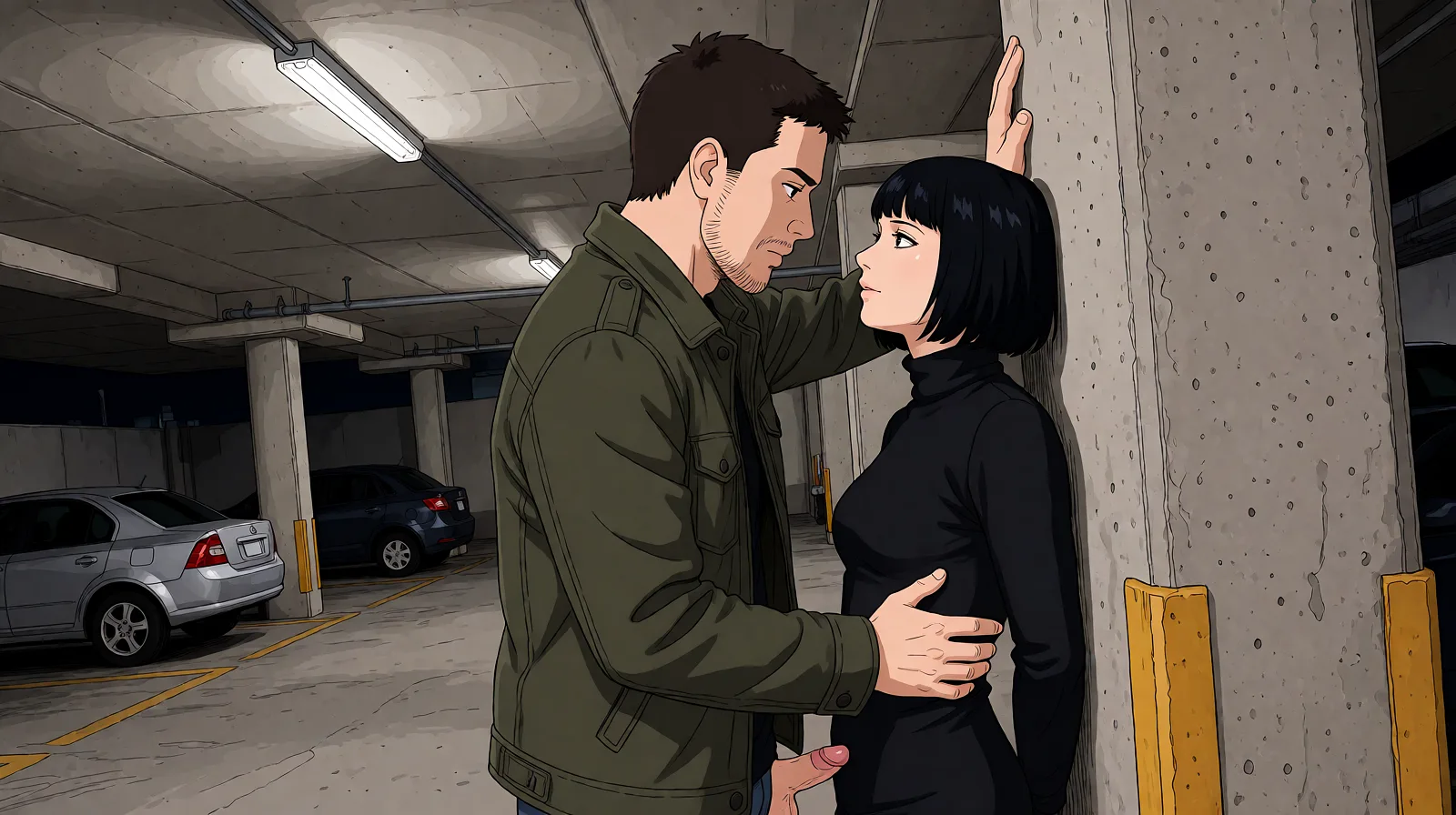 Redraw the entire picture as a hand-drawn anime illustration in flat cel-shaded anime style. It stays the same person with the same face, the same expression, the same hair and the same skin tone, and every other detail of the photograph is kept exactly as it is: nothing is added, removed, moved, uncovered or recoloured. Only the medium changes, and no part of the picture is left photographic. Above all, the picture must show: M presses F hard against concrete pillar, hand on her tits, F’s hand on his dick, dutch angle, fluorescent light, empty cars, night.