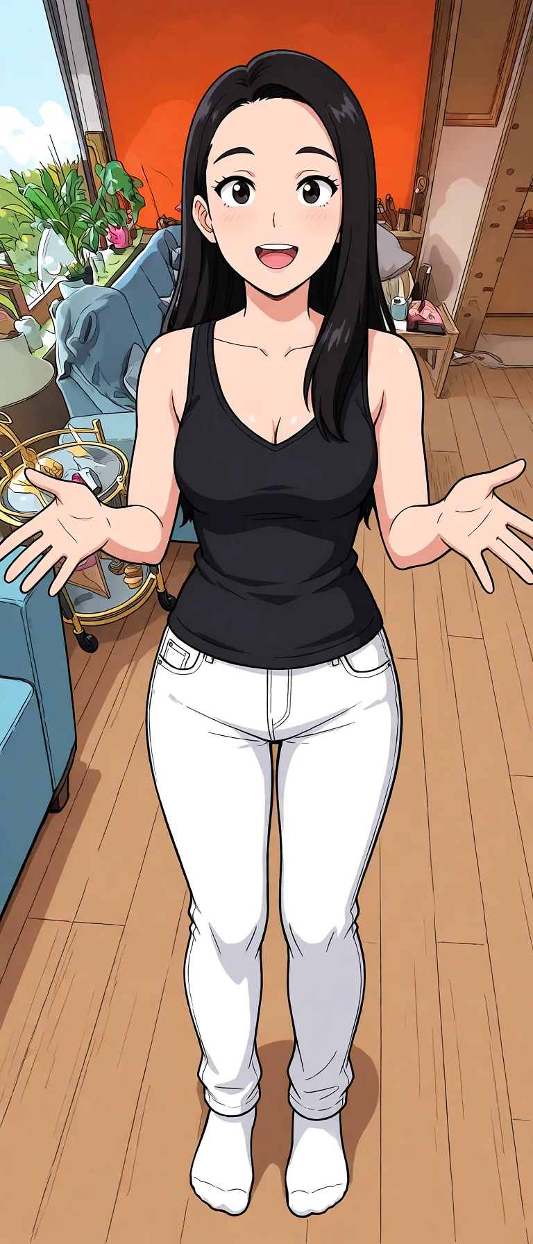 Redraw the entire picture as a hand-drawn anime illustration in flat cel-shaded anime style. It stays the same person with the same face, the same expression, the same hair and the same skin tone, and every other detail of the photograph is kept exactly as it is: nothing is added, removed, moved, uncovered or recoloured. Only the medium changes, and no part of the picture is left photographic. Above all, the picture must show: completely_nude naked_shirt.