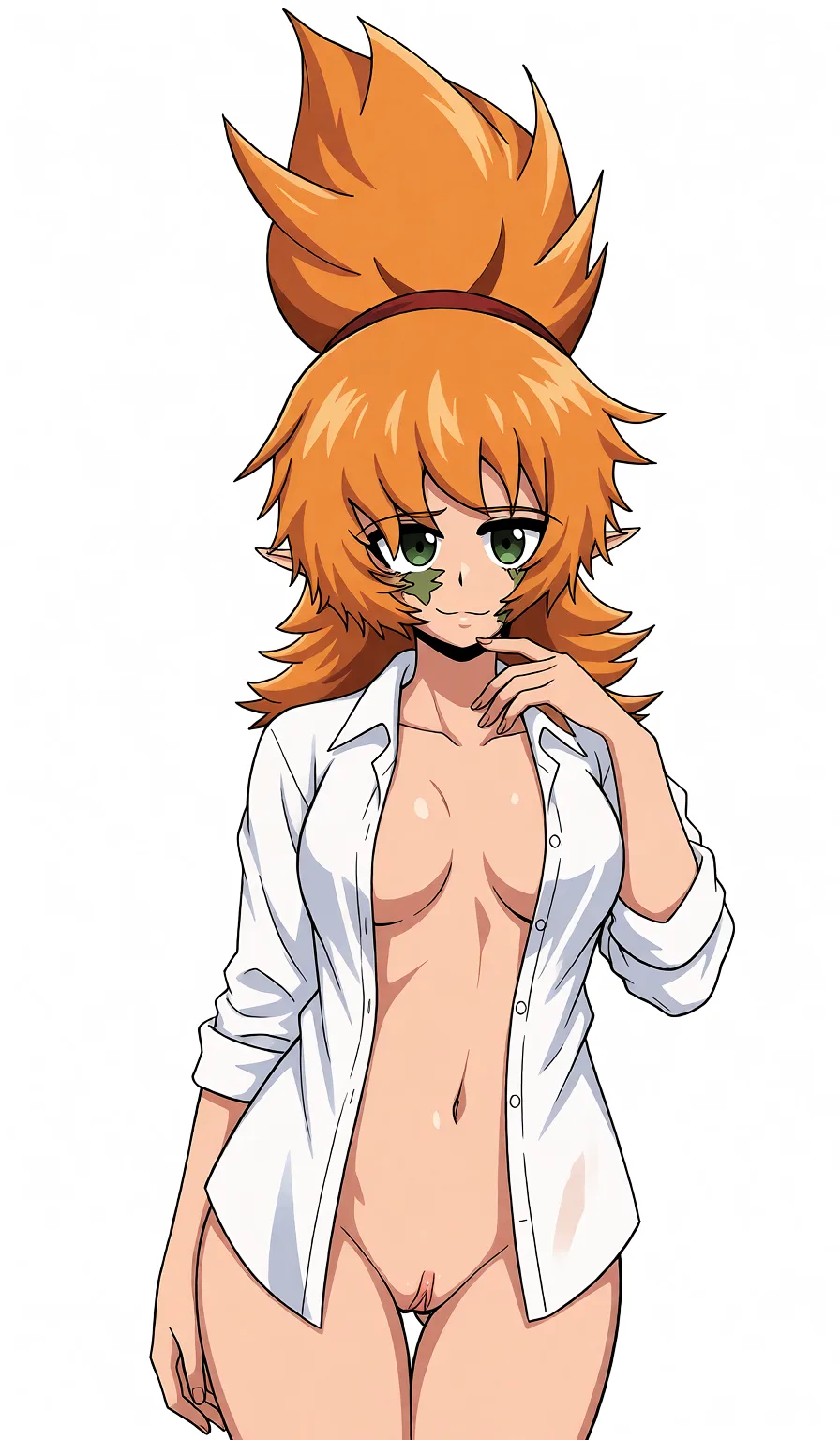 Redraw the entire picture as a hand-drawn anime illustration in flat cel-shaded anime style. It stays the same person with the same face, the same expression, the same hair and the same skin tone, and every other detail of the photograph is kept exactly as it is: nothing is added, removed, moved, uncovered or recoloured. Only the medium changes, and no part of the picture is left photographic. Above all, the picture must show: Remove her panties so her pussy is exposed.