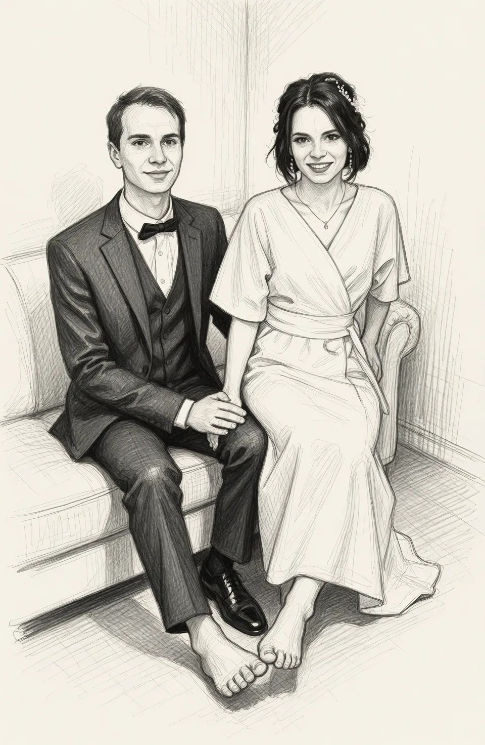 Redraw the entire picture as a hand-drawn graphite sketch on off-white paper: visible pencil strokes, cross-hatched shading, loose construction lines and no colour beyond the grey of the pencil and the tone of the paper. The background is drawn in the same style. Nothing in the frame keeps its photographic appearance. Above all, the picture must show: He suck she's toes.