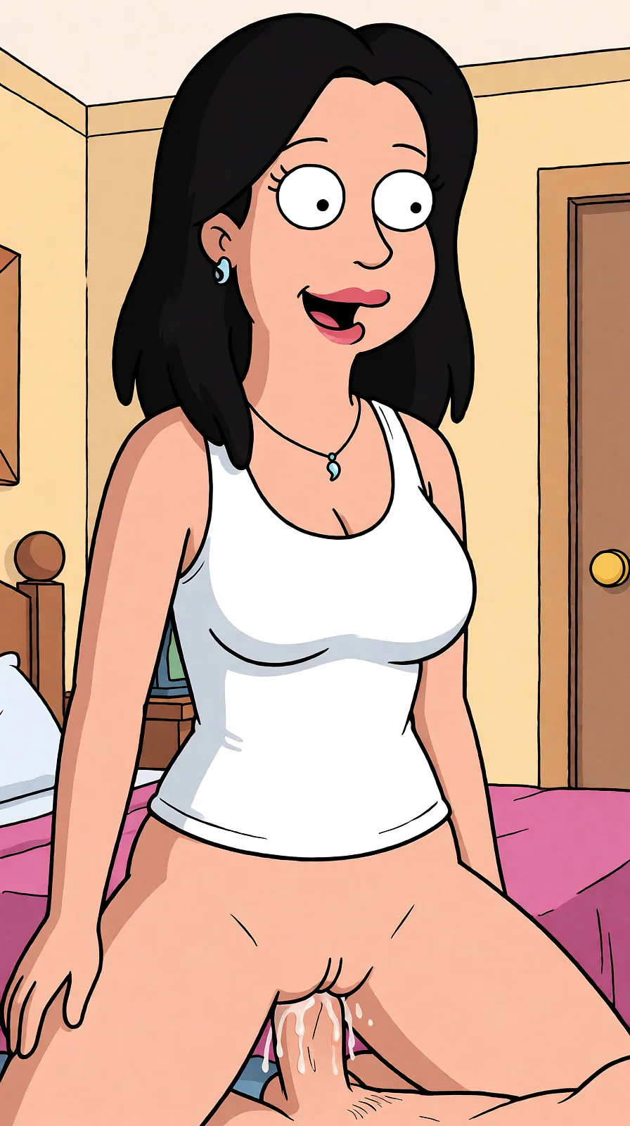 Redraw the entire picture as a western animated cartoon cel: thick even outlines, flat bright blocks of colour, simplified rounded shapes and hard-edged shadows, in the look of a television cartoon rather than of a camera. Keep the woman's adult proportions and adult figure exactly as they are; only the drawing style changes. The background is drawn in the same style. Nothing in the frame keeps its photographic appearance. Above all, the picture must show: девушку ебут в попу и кончают.