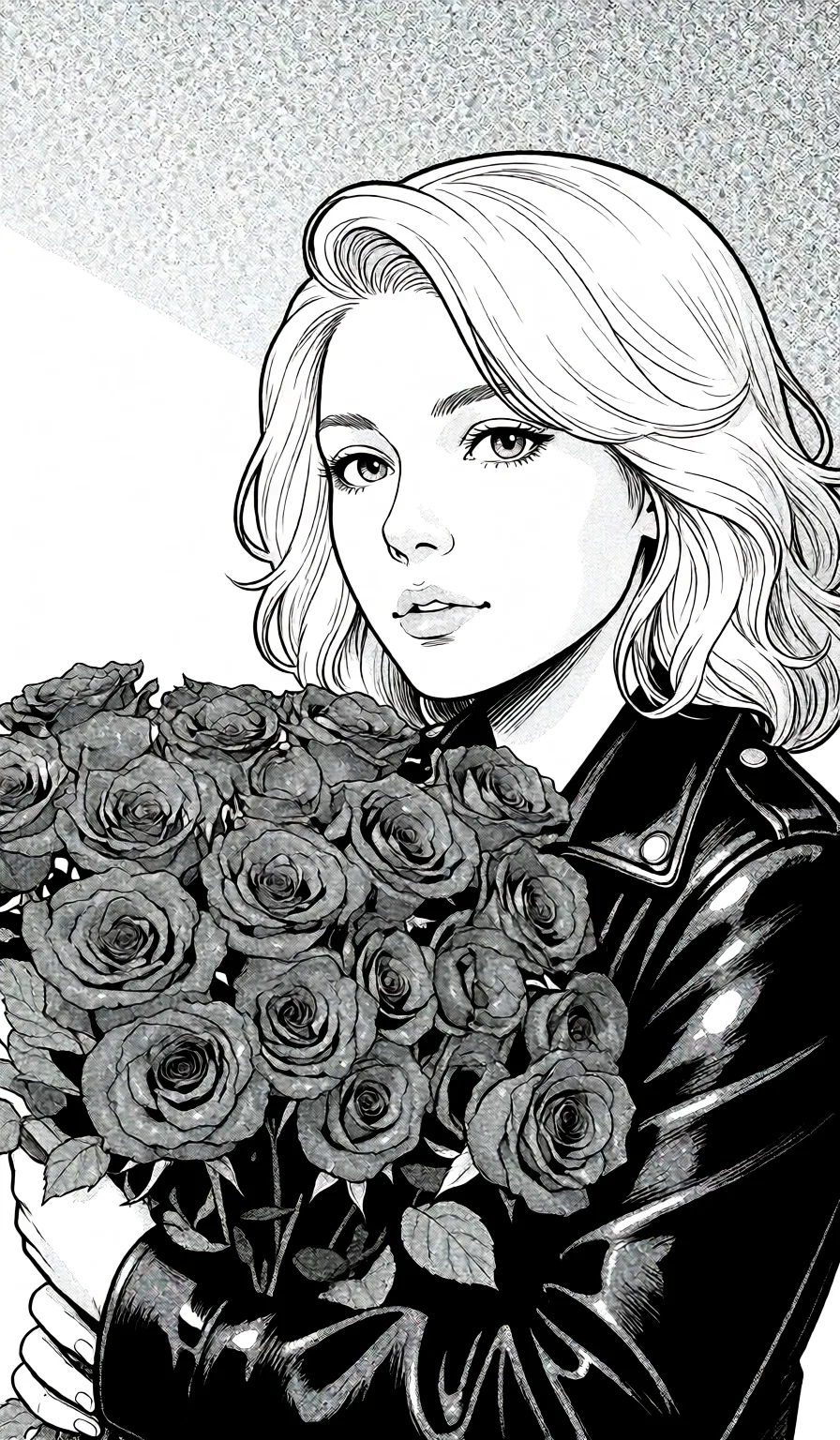 Redraw the entire picture as a black and white manga page: crisp black ink line art, no colour anywhere, flat halftone screentone shading, hatched shadows and clean white highlights, in the look of a printed manga panel. The background is drawn in the same style. Nothing in the frame keeps its photographic appearance. Above all, the picture must show: преподовала урок как резко встала и подошла и начала сосать хуй потом пихать себе в пиздк.
