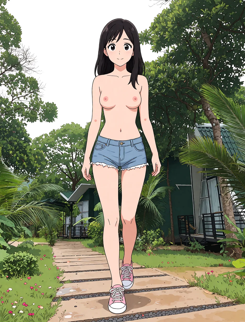 Redraw the entire picture as a hand-drawn anime illustration in flat cel-shaded anime style. It stays the same person with the same face, the same expression, the same hair and the same skin tone, and every other detail of the photograph is kept exactly as it is: nothing is added, removed, moved, uncovered or recoloured. Only the medium changes, and no part of the picture is left photographic. Above all, the picture must show: nude naked_shirt bdsm.