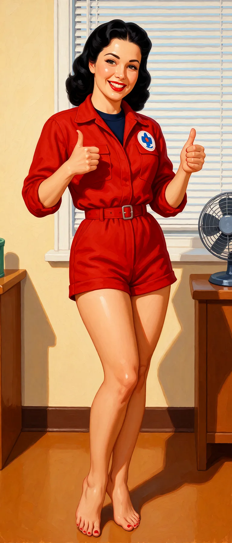Redraw the entire picture as a retro pin-up illustration: smooth airbrushed gouache paint, warm saturated mid-century colour, clean confident outlines and glamorous stylised features, in the look of a 1950s pin-up poster. The background is painted in the same style. Nothing in the frame keeps its photographic appearance. Above all, the picture must show: Nude.