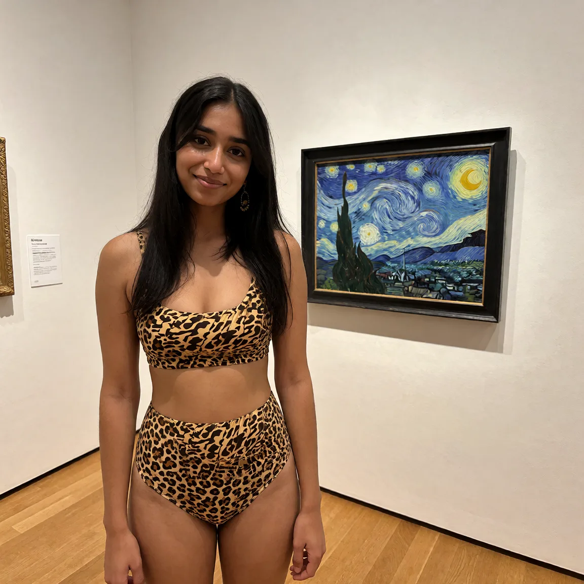 Edit the supplied photograph. Change only what is asked for below. Return one clean, natural, high-resolution photograph with realistic skin texture and no distortion. Replace her outfit with a fitted two-piece swimsuit that suits her. Keep her face, her identity, her hair and her skin tone exactly as they are, and keep the room and the light she is in. Keep her pose and the framing of the shot.