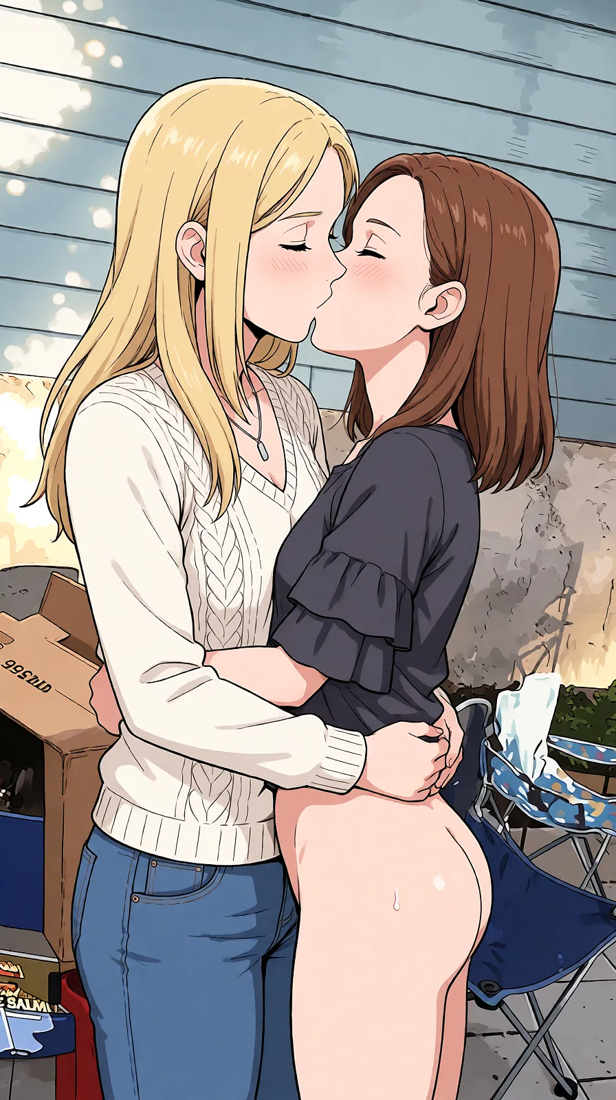 Redraw the entire picture as a hand-drawn anime illustration in flat cel-shaded anime style. It stays the same person with the same face, the same expression, the same hair and the same skin tone, and every other detail of the photograph is kept exactly as it is: nothing is added, removed, moved, uncovered or recoloured. Only the medium changes, and no part of the picture is left photographic. Above all, the picture must show: naked and kissing eachother.
