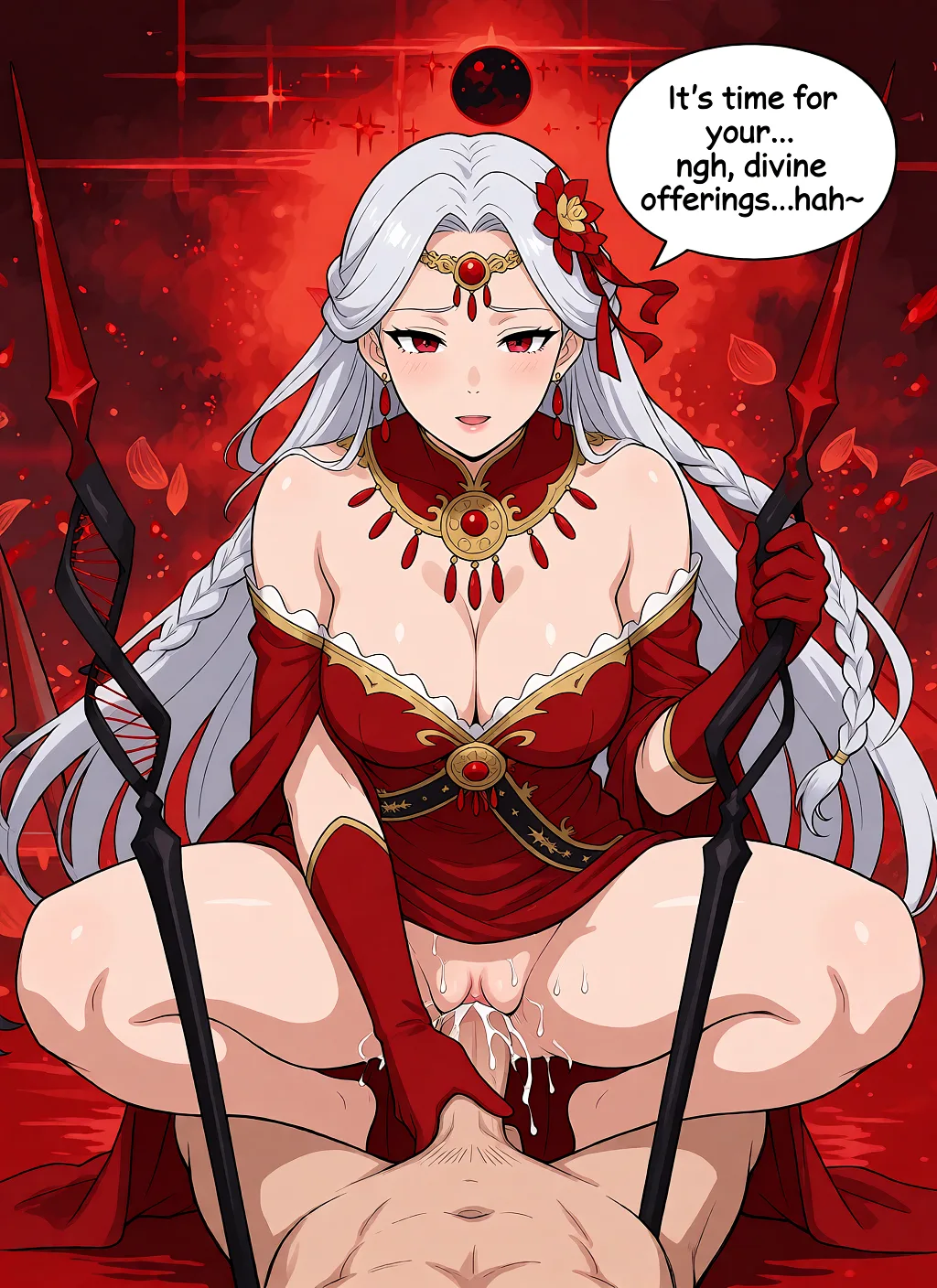 Redraw the entire picture as a hand-drawn anime illustration in flat cel-shaded anime style. It stays the same person with the same face, the same expression, the same hair and the same skin tone, and every other detail of the photograph is kept exactly as it is: nothing is added, removed, moved, uncovered or recoloured. Only the medium changes, and no part of the picture is left photographic. Above all, the picture must show: Squatting over a man’s pelvis as she inserts his dick inside her vagina with her red hands. She is saying: ‘It’s time for your...ngh, divine offerings...hah~’.