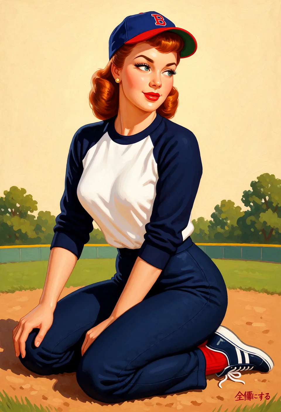 Redraw the entire picture as a retro pin-up illustration: smooth airbrushed gouache paint, warm saturated mid-century colour, clean confident outlines and glamorous stylised features, in the look of a 1950s pin-up poster. The background is painted in the same style. Nothing in the frame keeps its photographic appearance. Above all, the picture must show: 全裸にする.