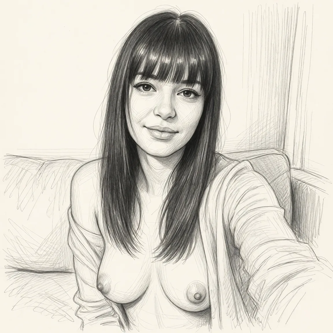 Redraw the entire picture as a hand-drawn graphite sketch on off-white paper: visible pencil strokes, cross-hatched shading, loose construction lines and no colour beyond the grey of the pencil and the tone of the paper. The background is drawn in the same style. Nothing in the frame keeps its photographic appearance. Above all, the picture must show: nude.