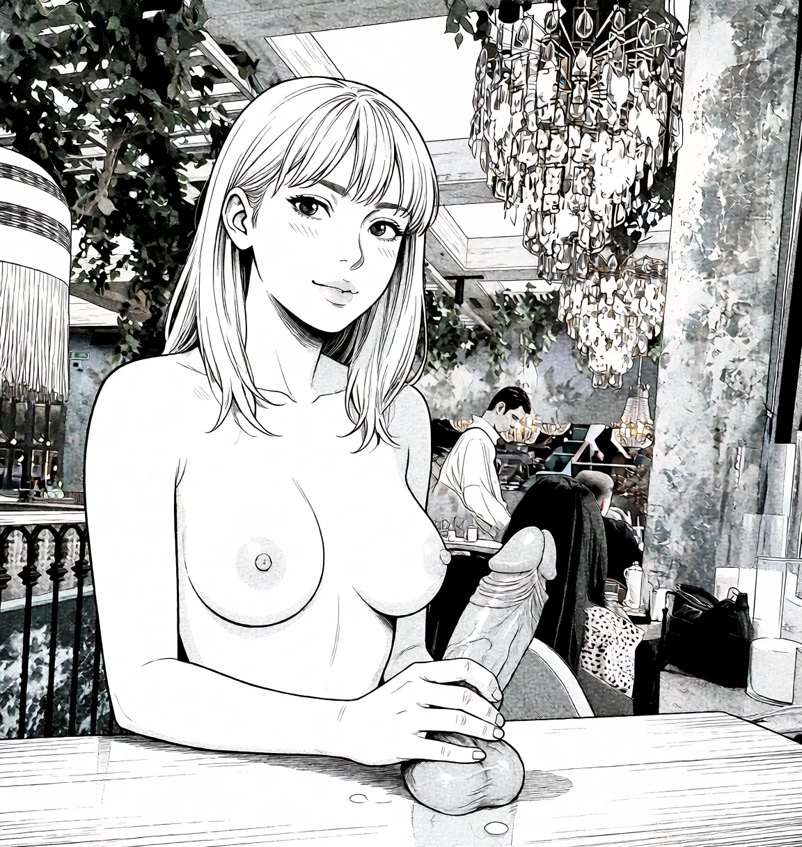 Redraw the entire picture as a black and white manga page: crisp black ink line art, no colour anywhere, flat halftone screentone shading, hatched shadows and clean white highlights, in the look of a printed manga panel. The background is drawn in the same style. Nothing in the frame keeps its photographic appearance. Above all, the picture must show: She topless, her sex on table large penis.