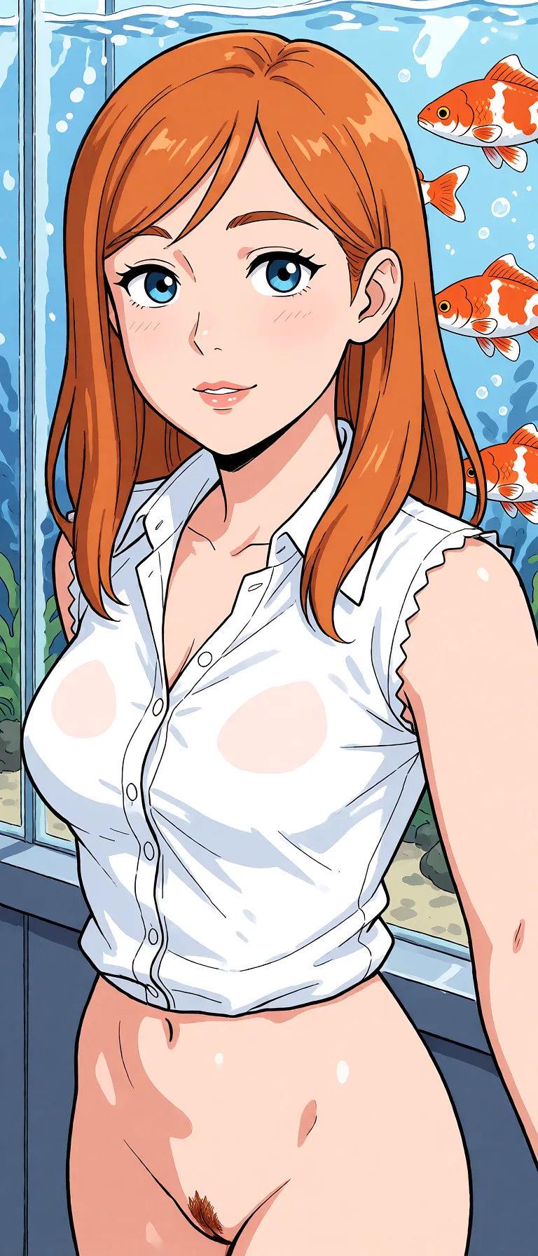 Redraw the entire picture as a hand-drawn anime illustration in flat cel-shaded anime style. It stays the same person with the same face, the same expression, the same hair and the same skin tone, and every other detail of the photograph is kept exactly as it is: nothing is added, removed, moved, uncovered or recoloured. Only the medium changes, and no part of the picture is left photographic. Above all, the picture must show: 알몸 상태.